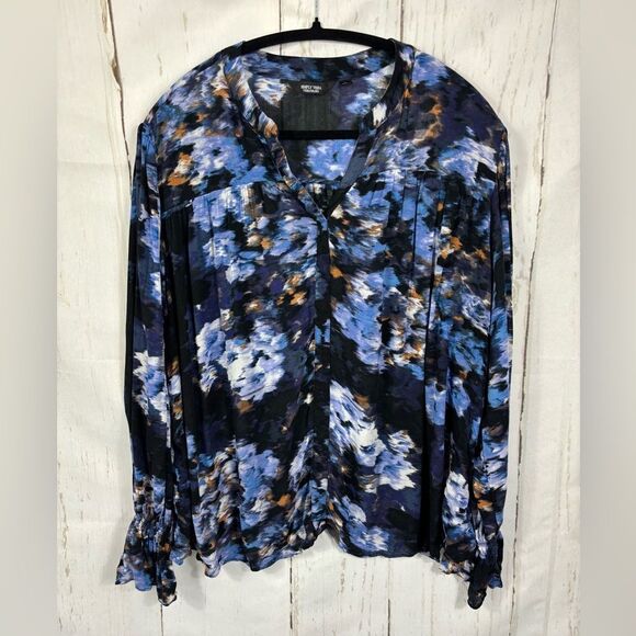 Simply Vera Vera Wang Blouse L Rayon Blue Purple Poet Sleeves Abstract Print - Picture 1 of 6